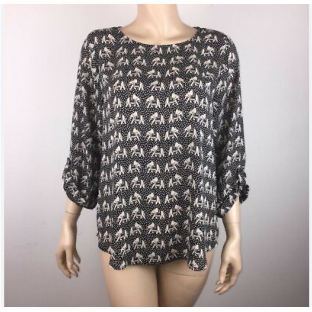Pixley Womens Top Size Medium Black Cream Elephant Business Casual Shirt Boho